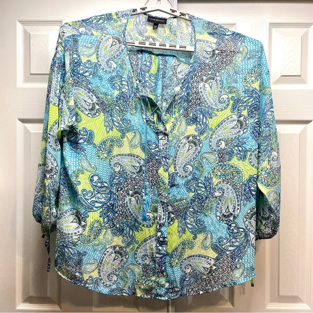 Lane Bryant Plus Size 22/24 Paisley Tassel Tie-neck Blouse Blue & Lime Green